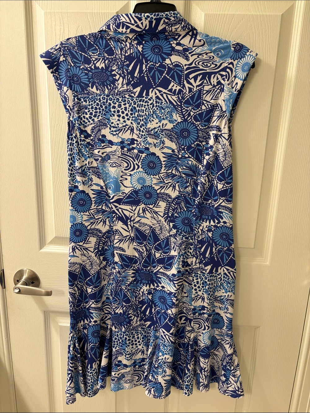 IBKUL Blue and White Floral Print Sleeveless Polo  Golf Midi Dress - Picture 6 of 7